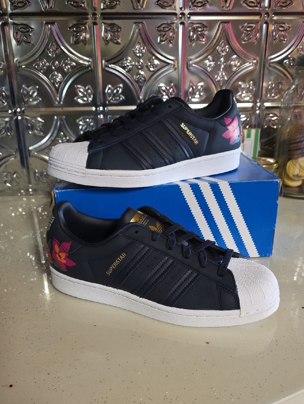 adidas Navy Superstar Sneakers with Pink Floral Detail On Heel
